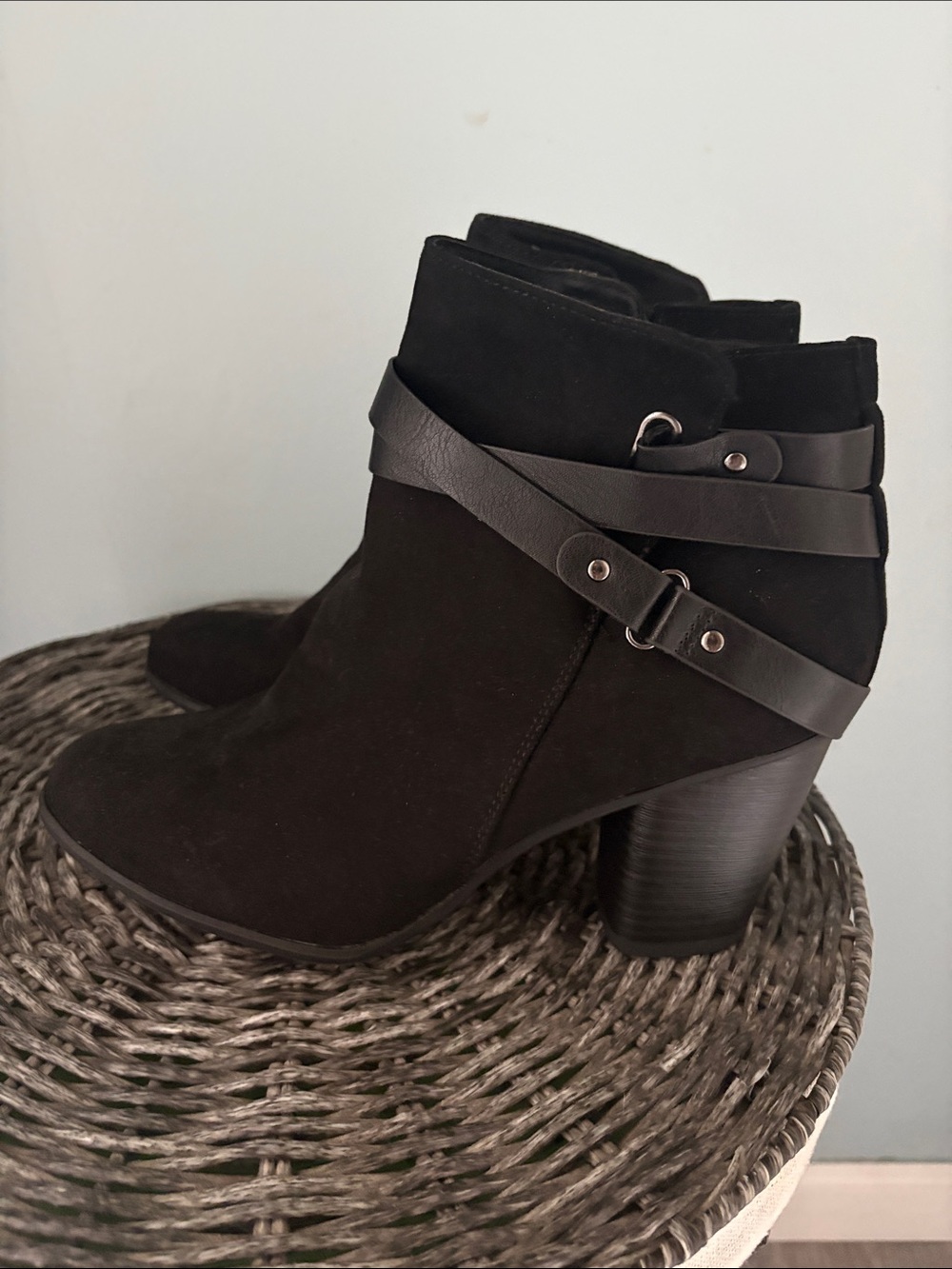 Massini Black Suede Ankle Booties with Wrap Strap Detail